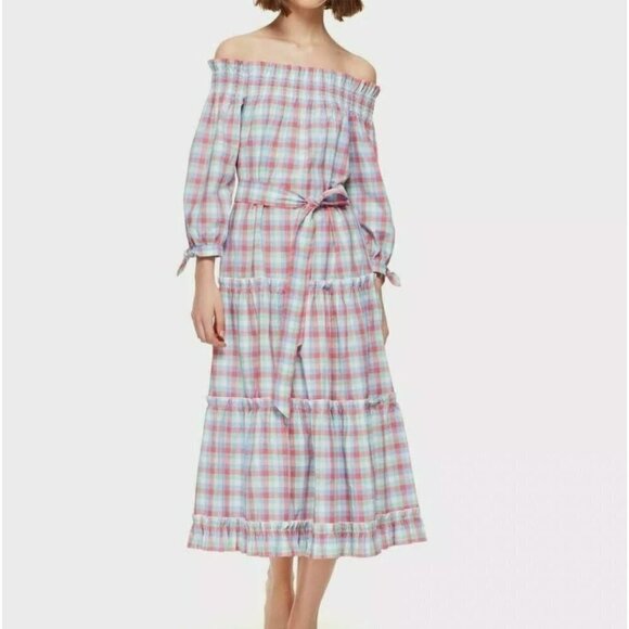 KATE SPADE NEW YORK Madras Off Shoulder Cotton Midi Dress Size XS - Picture 1 of 7